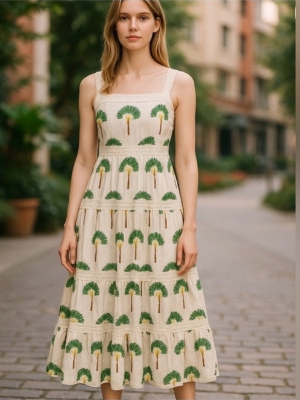 Calypso ST. BARTH🔥☀️ Palm Tree Print Tiered Crochet Maxi Dress